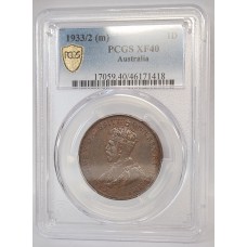 AUSTRALIA 1933/2 ONE 1 PENNY . VARIETY . OVERDATE . PCGS XF40